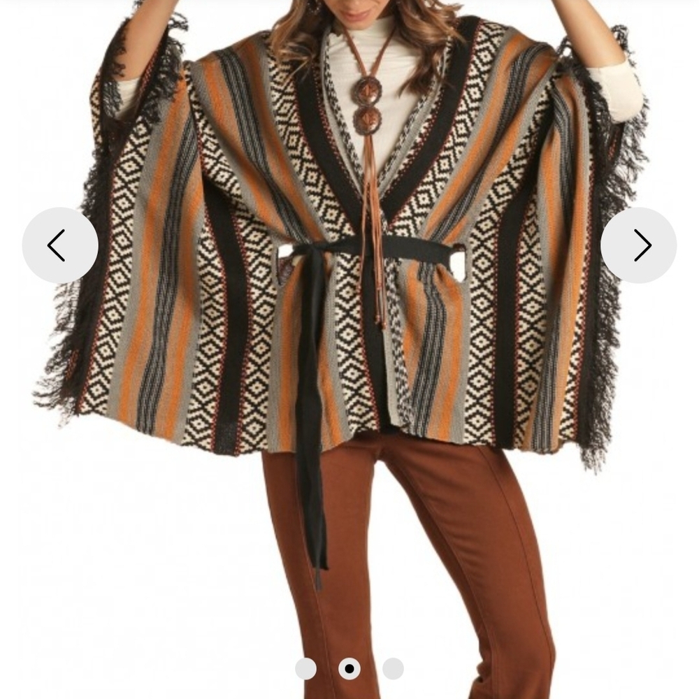 Elegant Striped Poncho with Fringe